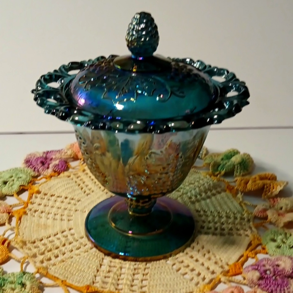 Vintage Indiana Glass Metallic Blue Carnival Glass Compotes With Lace Rim